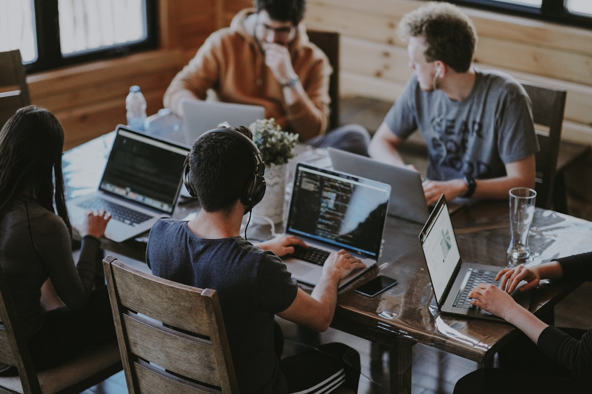 Software development team collaborating in a modern office